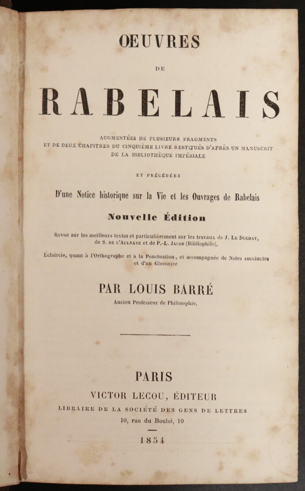 1854 Oeuvres De Rabelais by Louis Barre Antiquarian French Literature Book