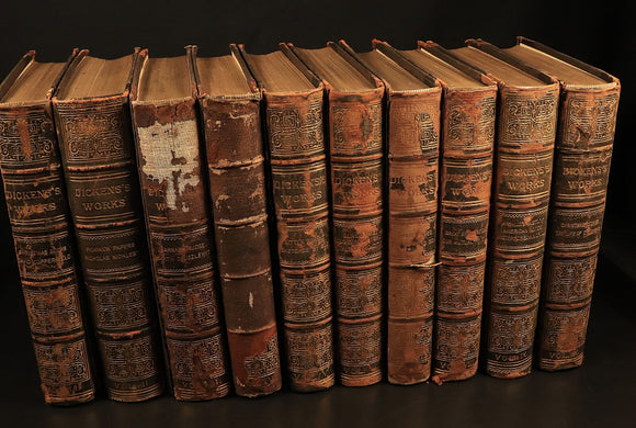 c1880 Charles Dickens Works 22vol Antique Fiction Book Set Bleak House Christmas