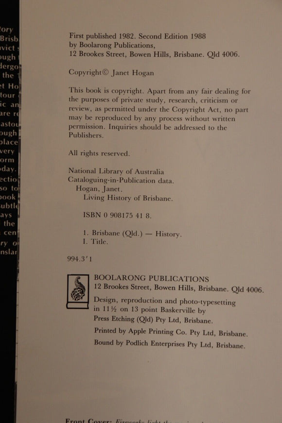 1988 Living History Of Brisbane by Janet Hogan Australian History Book