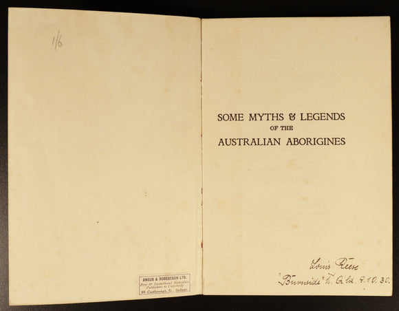 c1928 Myths & Legends of Australian Aborigines Illustrated History Book 1st Ed