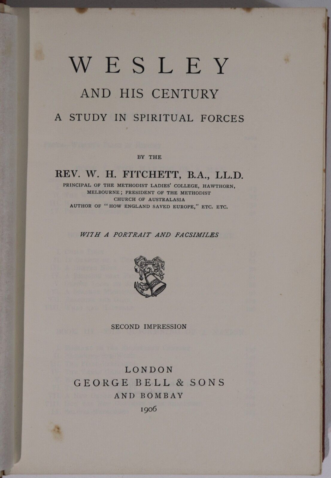 1906 Wesley & His Century by Rev WH Fitchett Antique British Theology Book