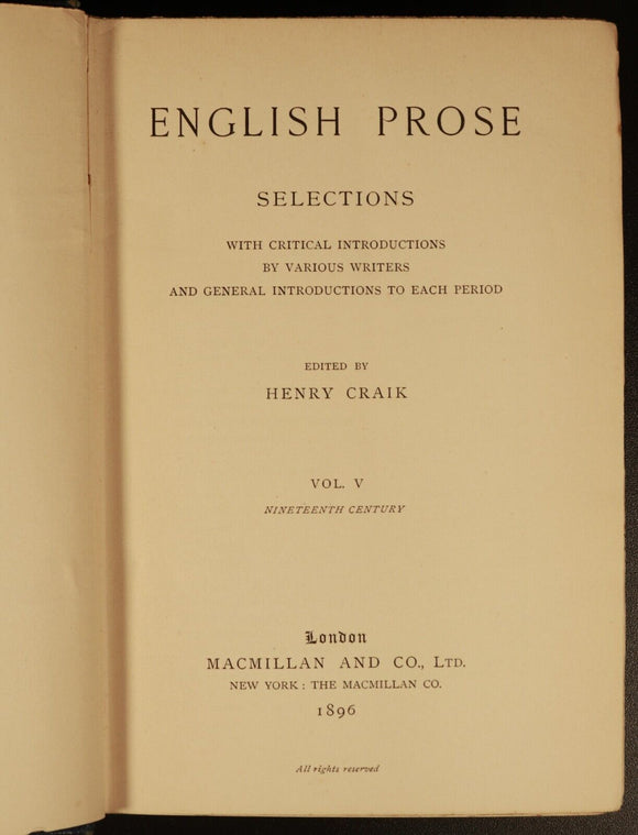 1896 English Prose Selections 19th Century Henry Craik Antique Literature Book