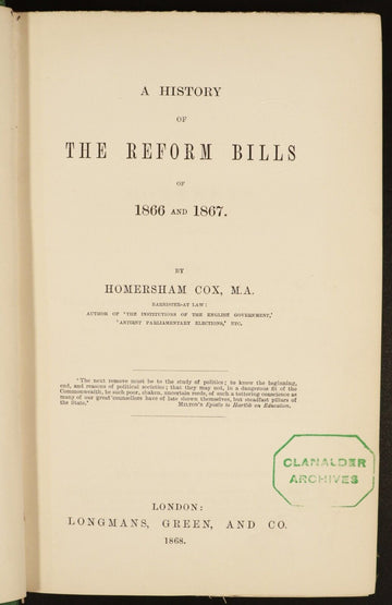 1868 History Of The Reform Bills Antiquarian British Legal History Book - 0