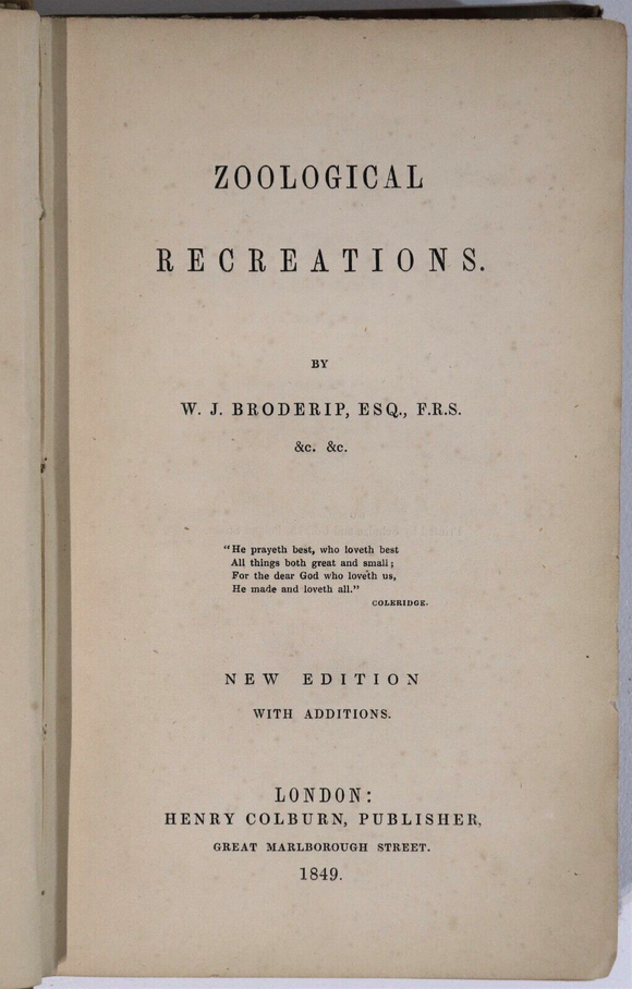 1849 Zoological Recreations by W.J. Broderip Antique Natural History Book