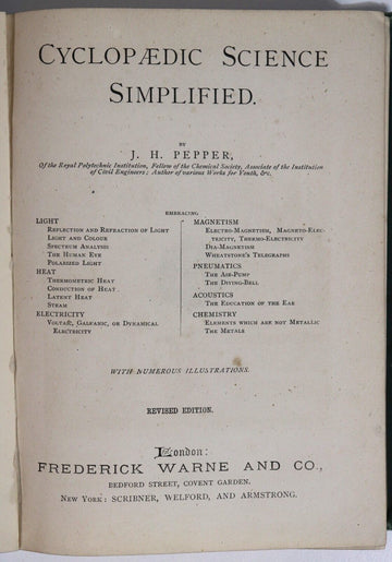 c1875 Cyclopaedic Science Simplified by J.H. Pepper Antiquarian Science Book - 0