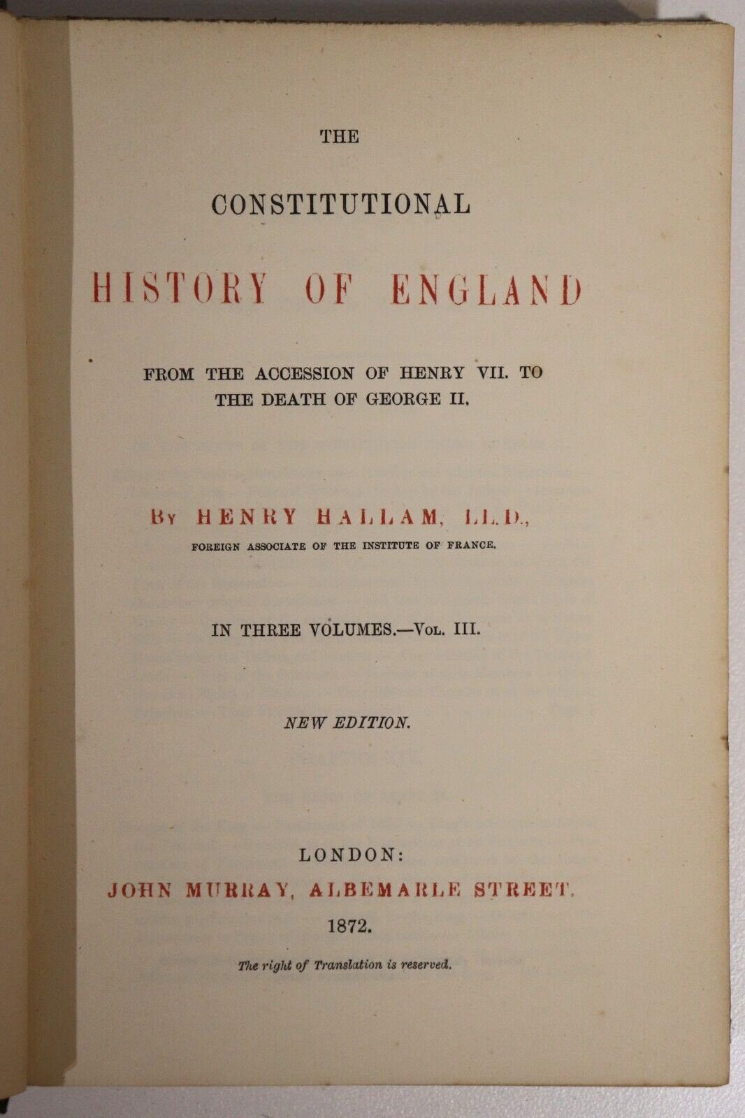 1872 The Constitutional History Of England  Hallam Antique British History Book