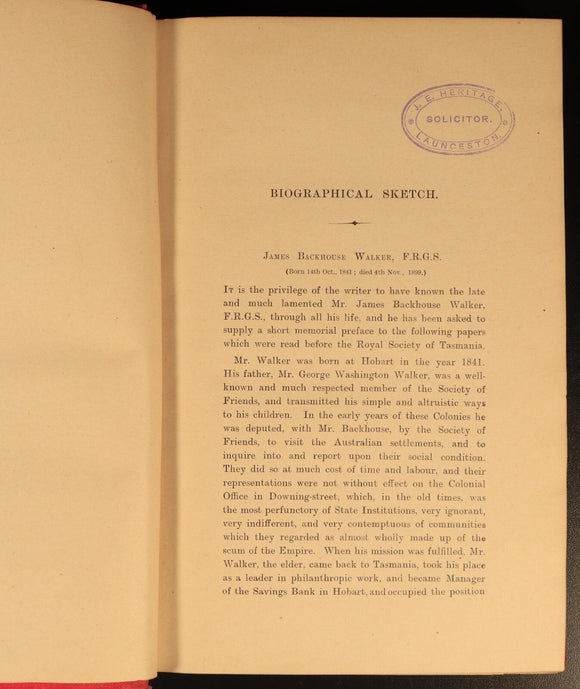 1902 Early Tasmania Papers by J.B. Walker Antique Australian History Book 1st Ed
