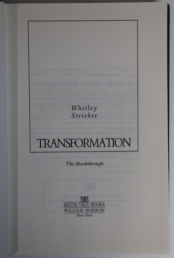 1988 Transformation by Whitley Streiber 1st Edition Science Fiction UFO Book