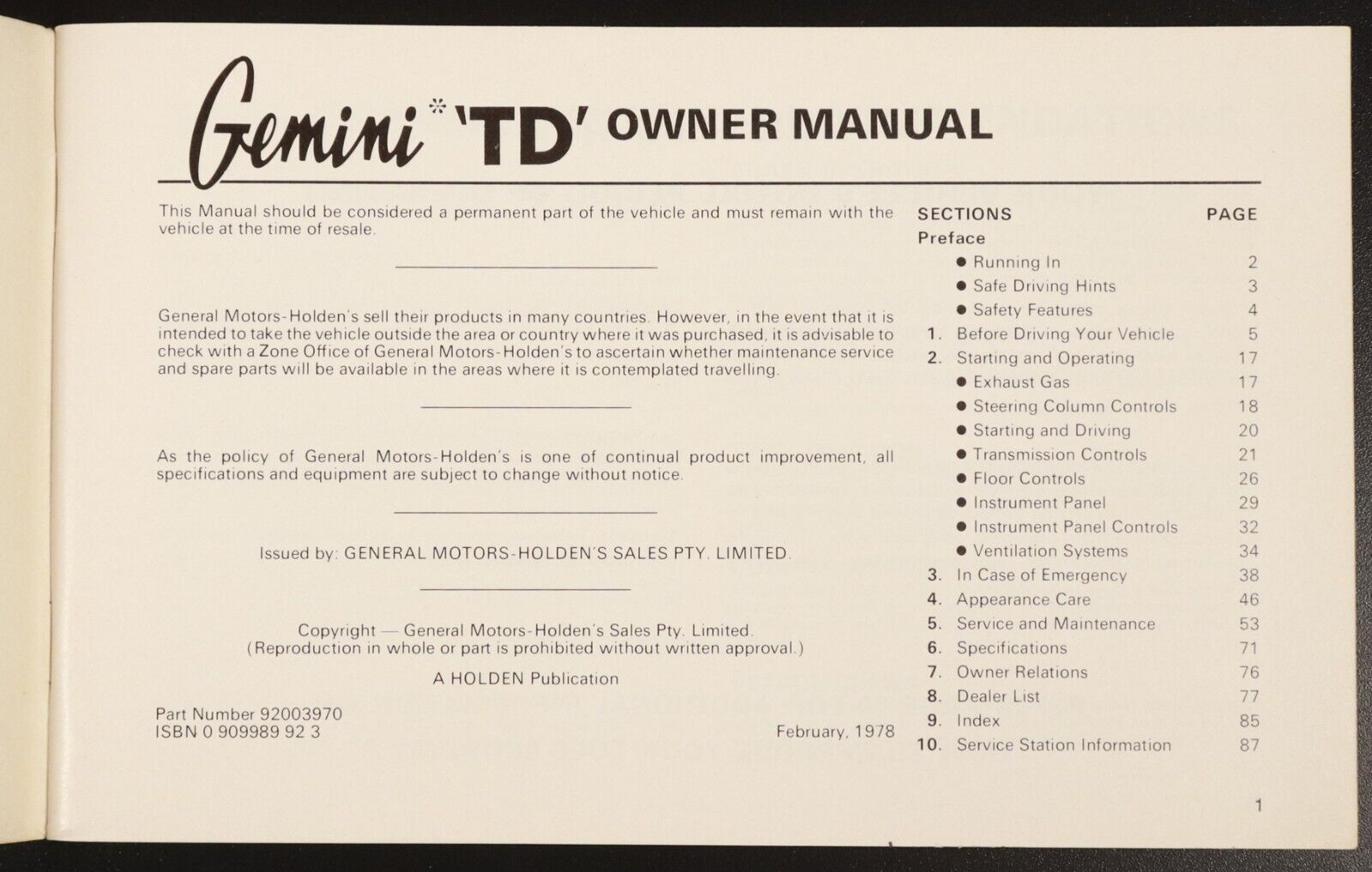 1978 Holden Gemini 'TD' Owner Manual February 1978 GMH Holden Automotive Book