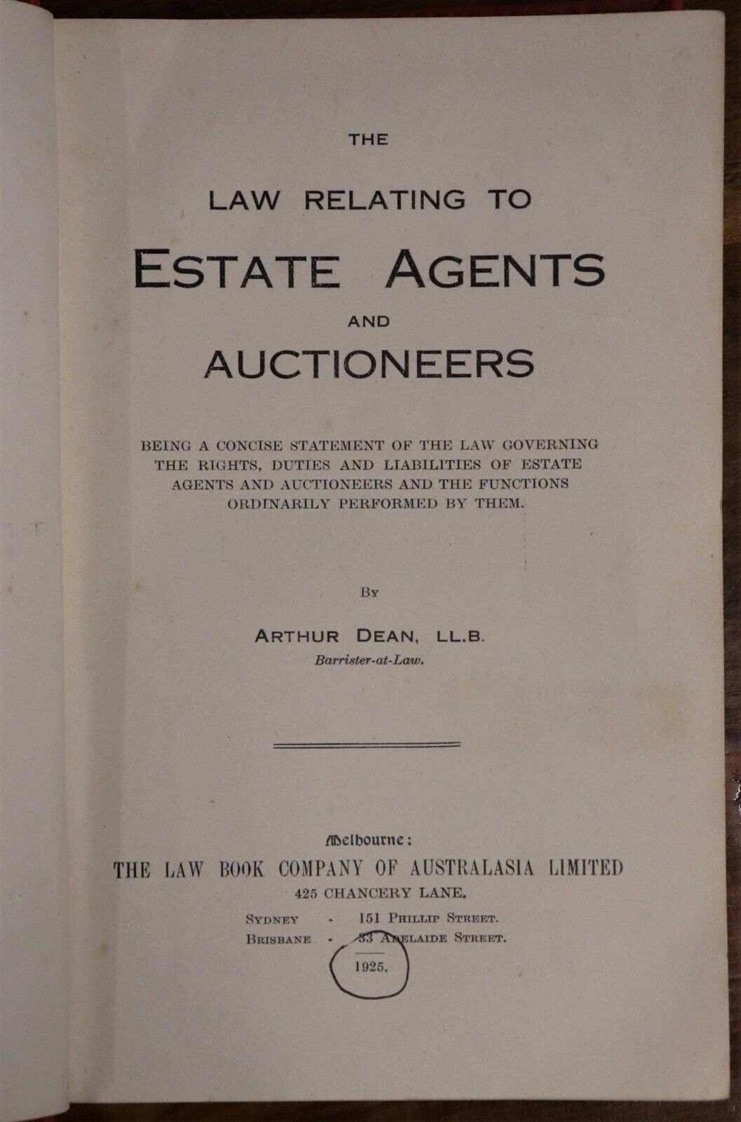 1925 The Law Relating To Estate Agents & Auctioneers Australian History Book