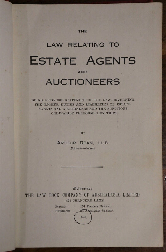 1925 The Law Relating To Estate Agents & Auctioneers Australian History Book