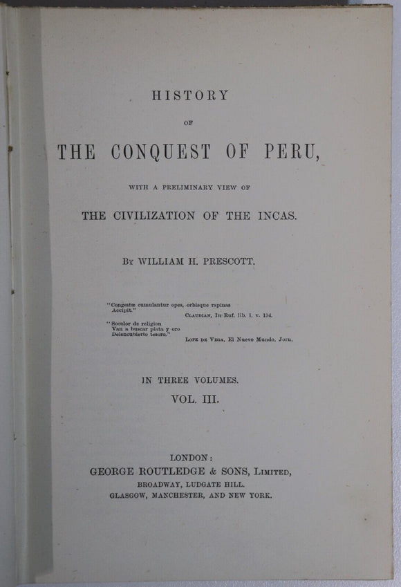 c1910 3vol History Of The Conquest Of Peru WH Prescott Antique History Book Set