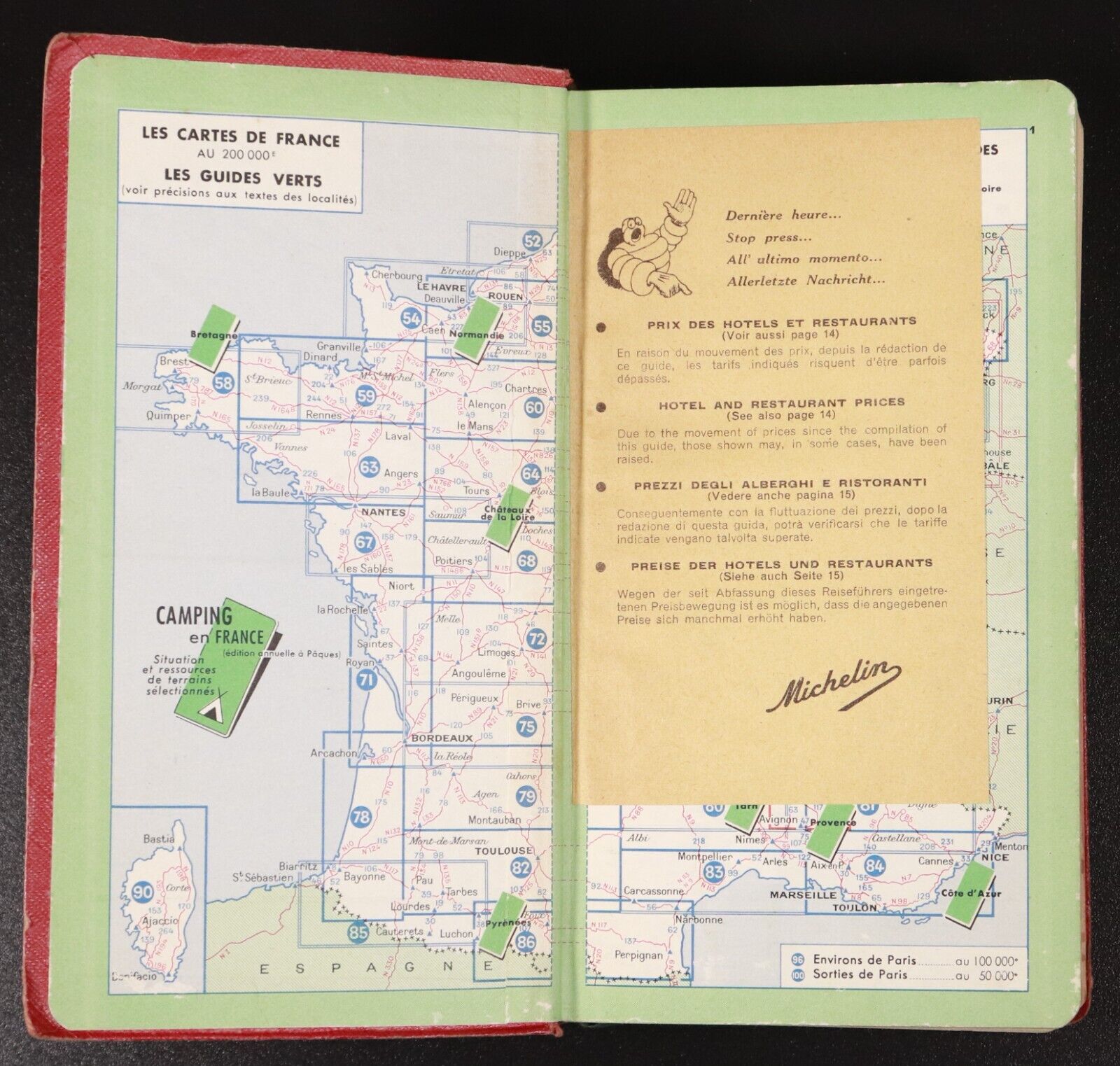 1958 Michelin Guide To France For 1958 Antique Michelin Travel Guide Book w/Maps