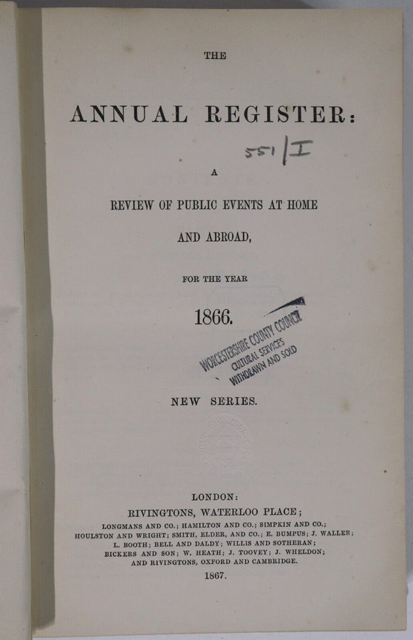 1867 The Annual Register For The Year 1866 Antique British World History Book