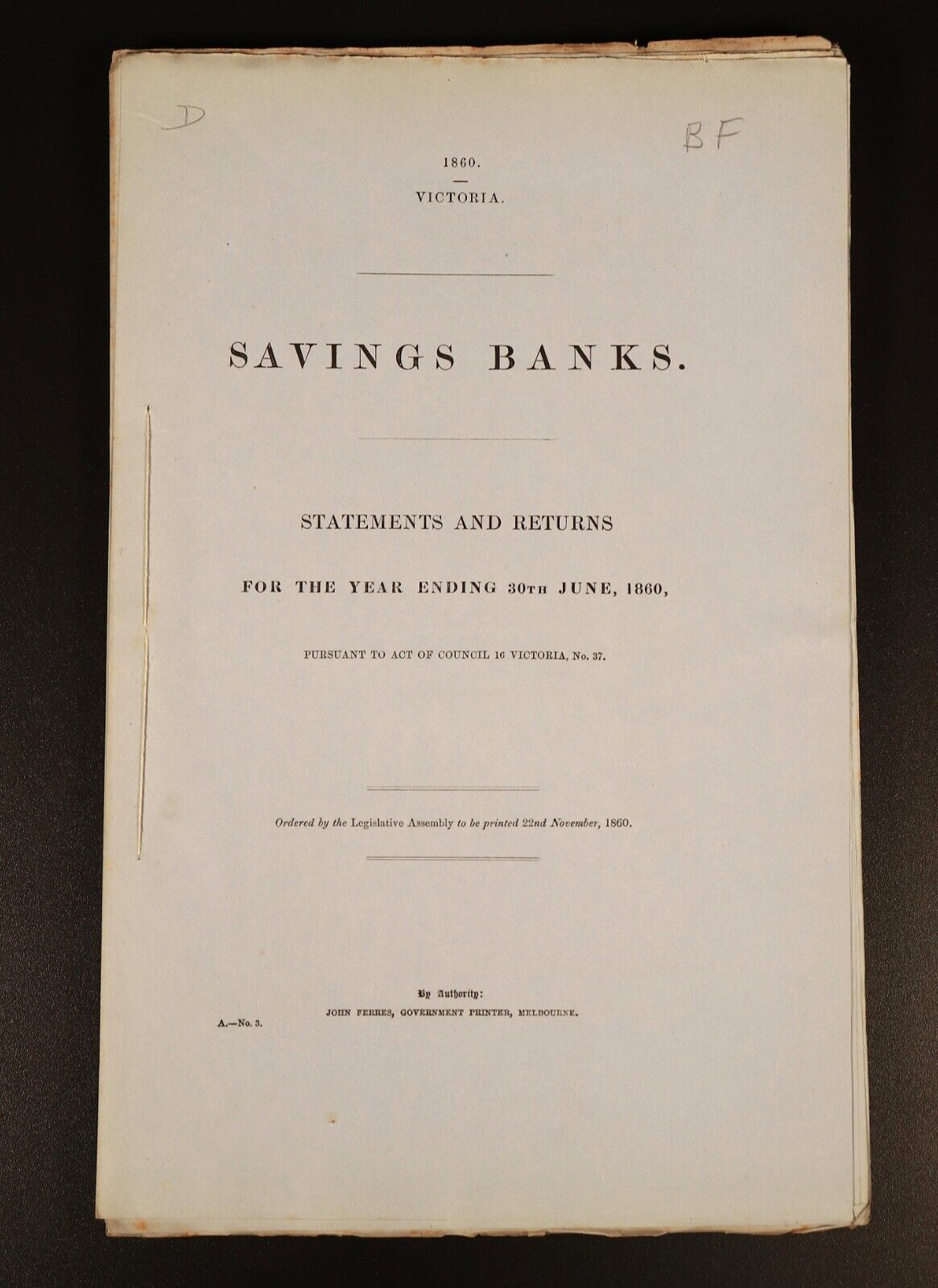 1860 Savings Banks Colony Of Victoria Government Report History Book Stocks - 0