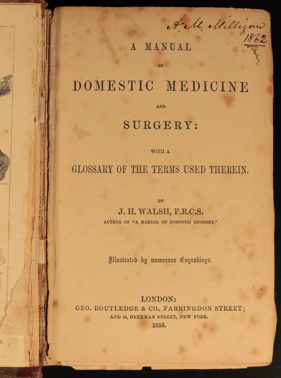 1858 Manual Of Domestic Medicine & Surgery by JH Walsh Antiquarian Medical Book