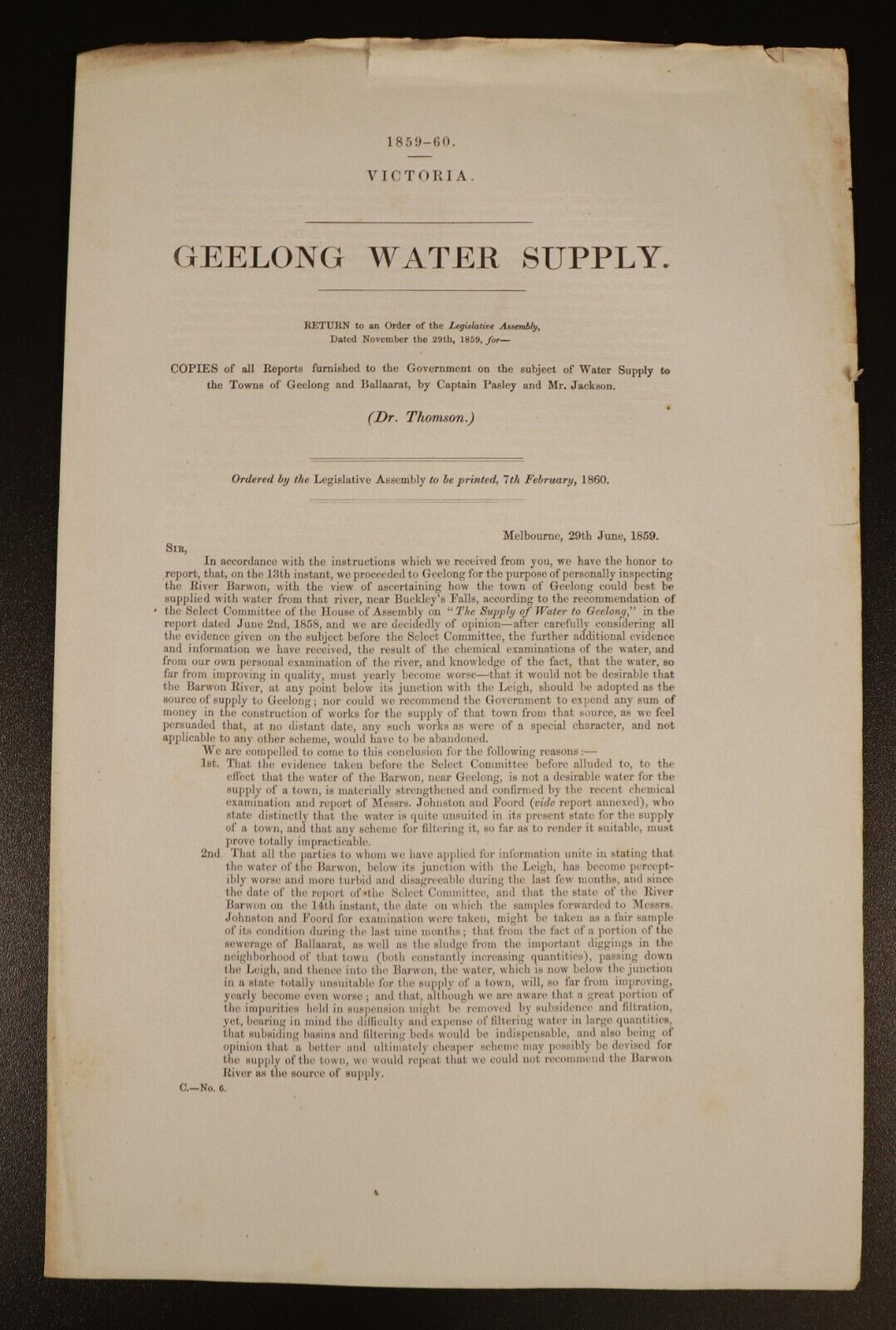 1858 Water Supply To Geelong Colony Of Victoria Government Report History Book