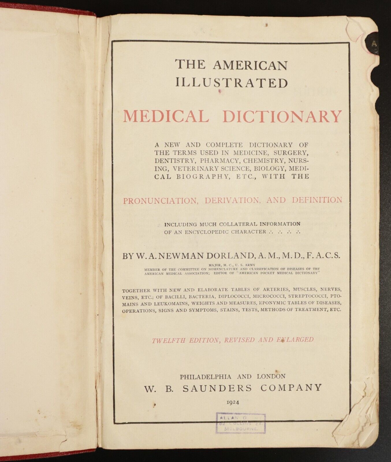 1924 American Illustrated Medical Dictionary Antique Medical Reference Book