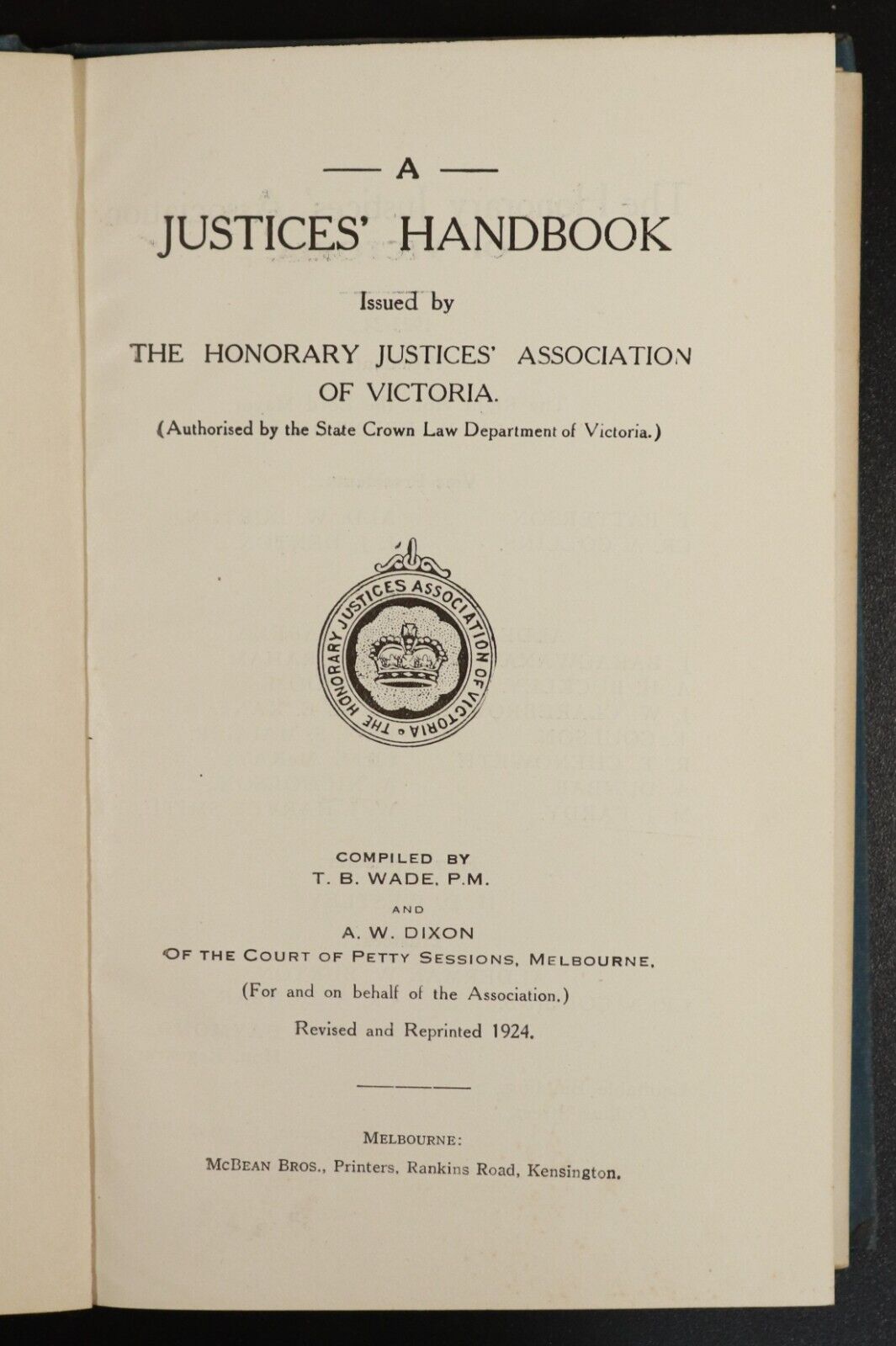 1924 A Justices' Handbook Australian Victorian Legal History Book - 0