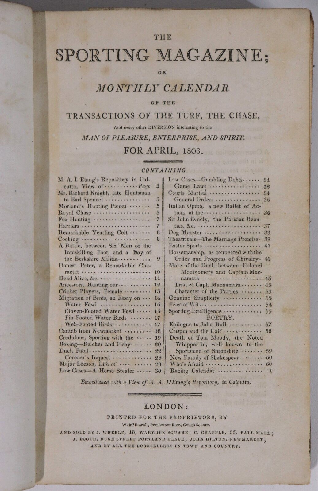The Sporting Magazine: Monthly Calendar - 1803 - Antiquarian Sport History Book