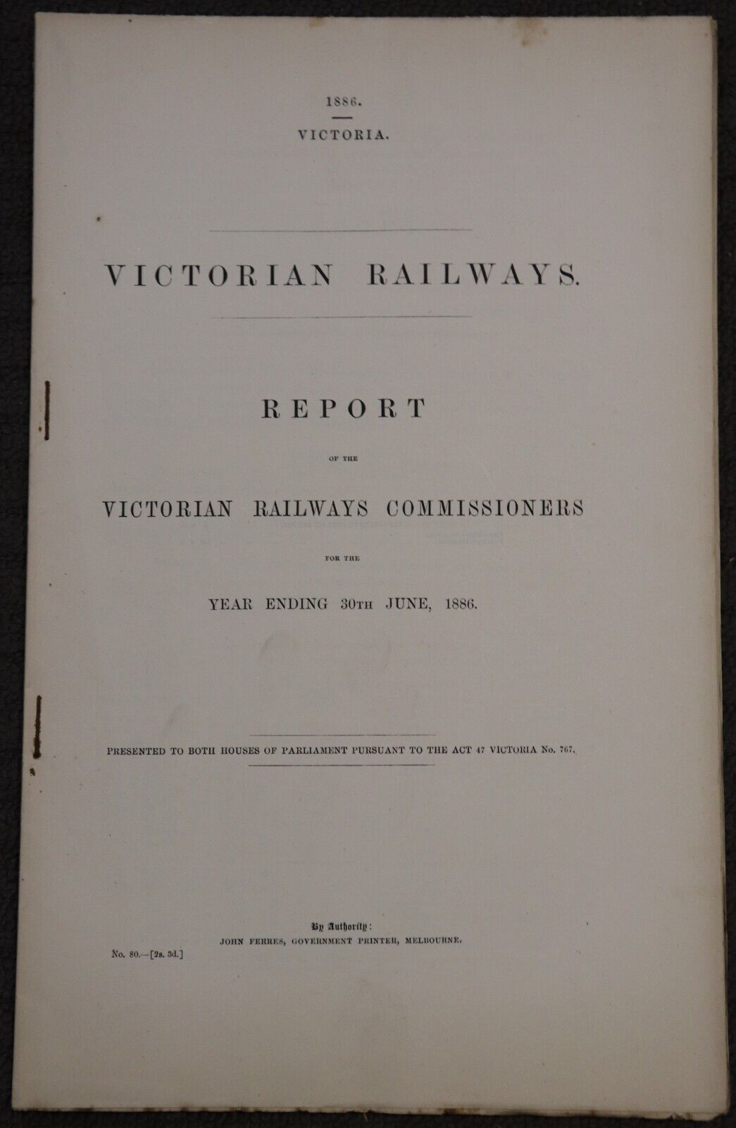 Parliamentary Papers: Victorian Railways - 1880's - Australia Train Books