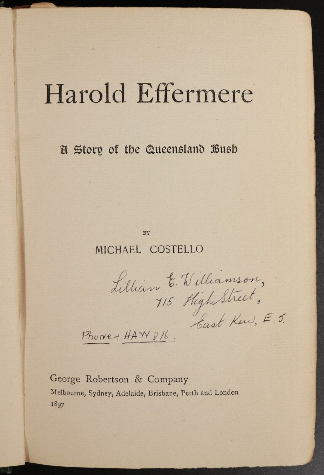 1897 Harold Effermere by Michael Costello Antique Australian Fiction Book Scarce - 0