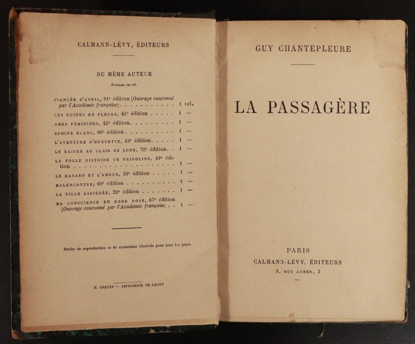 1911 La Passagere by Guy Chantepleure Antiquarian French Fiction Book