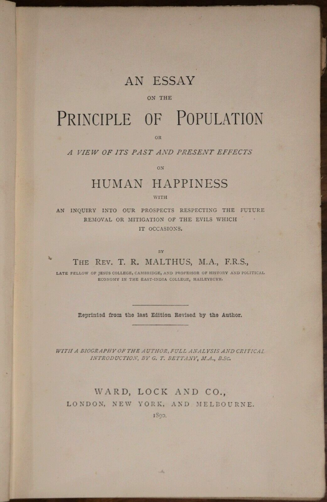 Malthus On Population - 1890 - Antique Economics Essay & Literature Book - 0