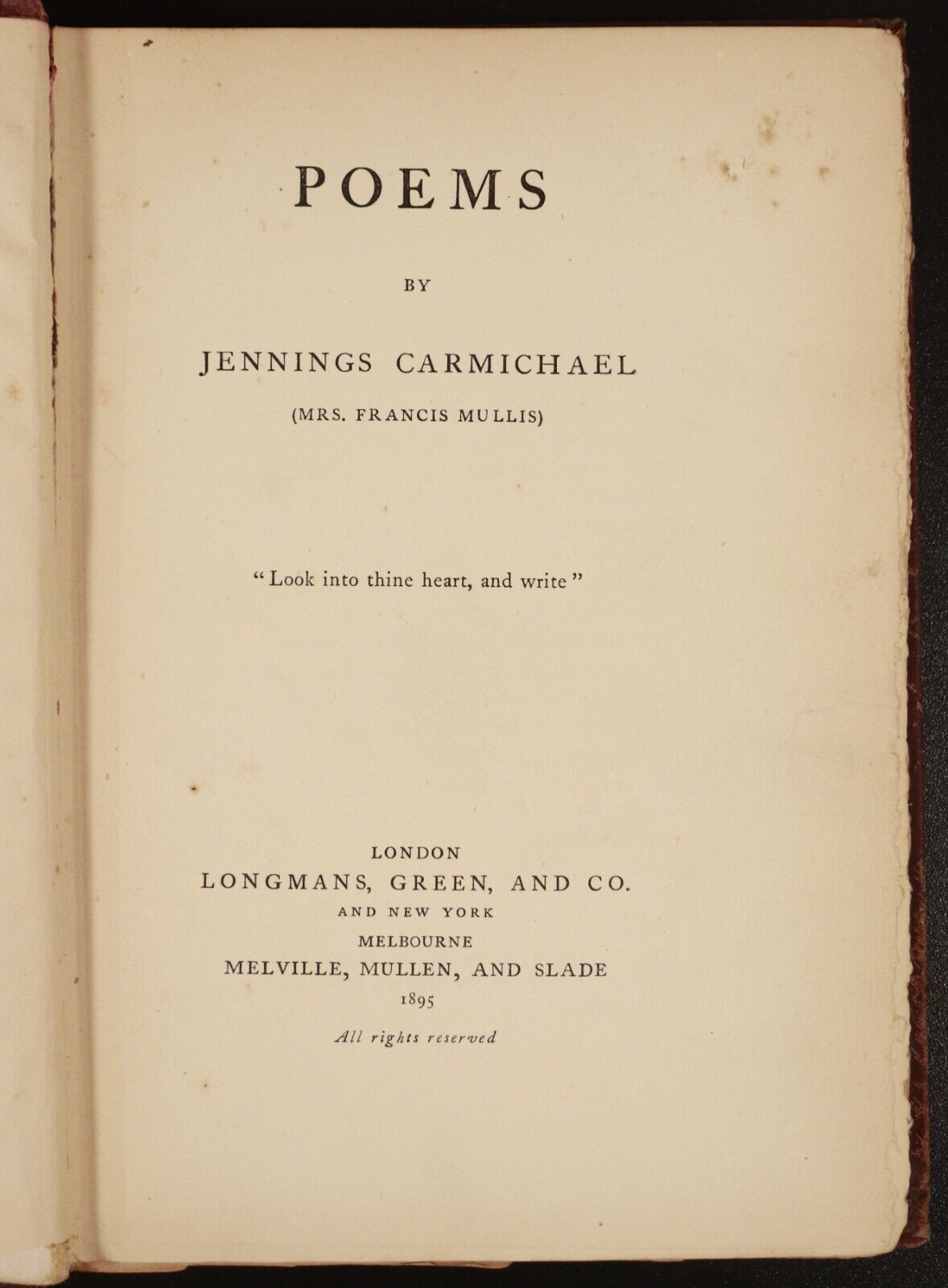 1895 Poems by Jennings Carmichael - Mrs F. Mullis Antique Australian Poetry Book - 0