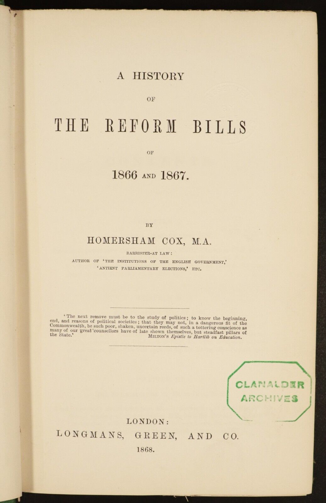 1868 History Of The Reform Bills Antiquarian British Legal History Book
