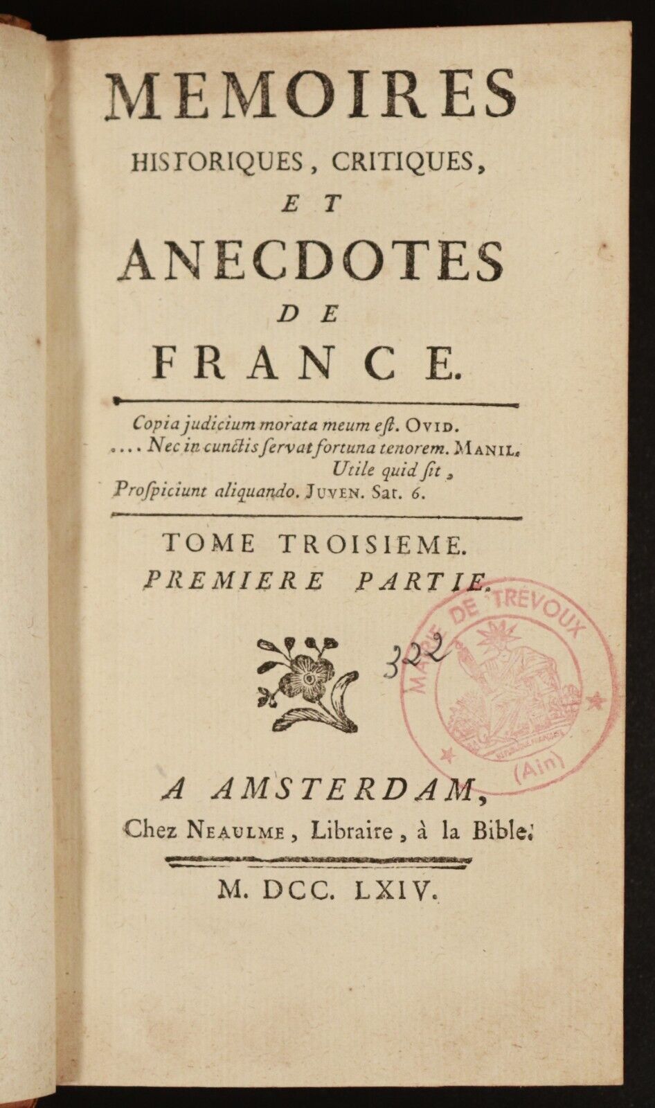 1764 Memoires Historiques Critiques Et Anecdotes De France Antiquarian Book - 0