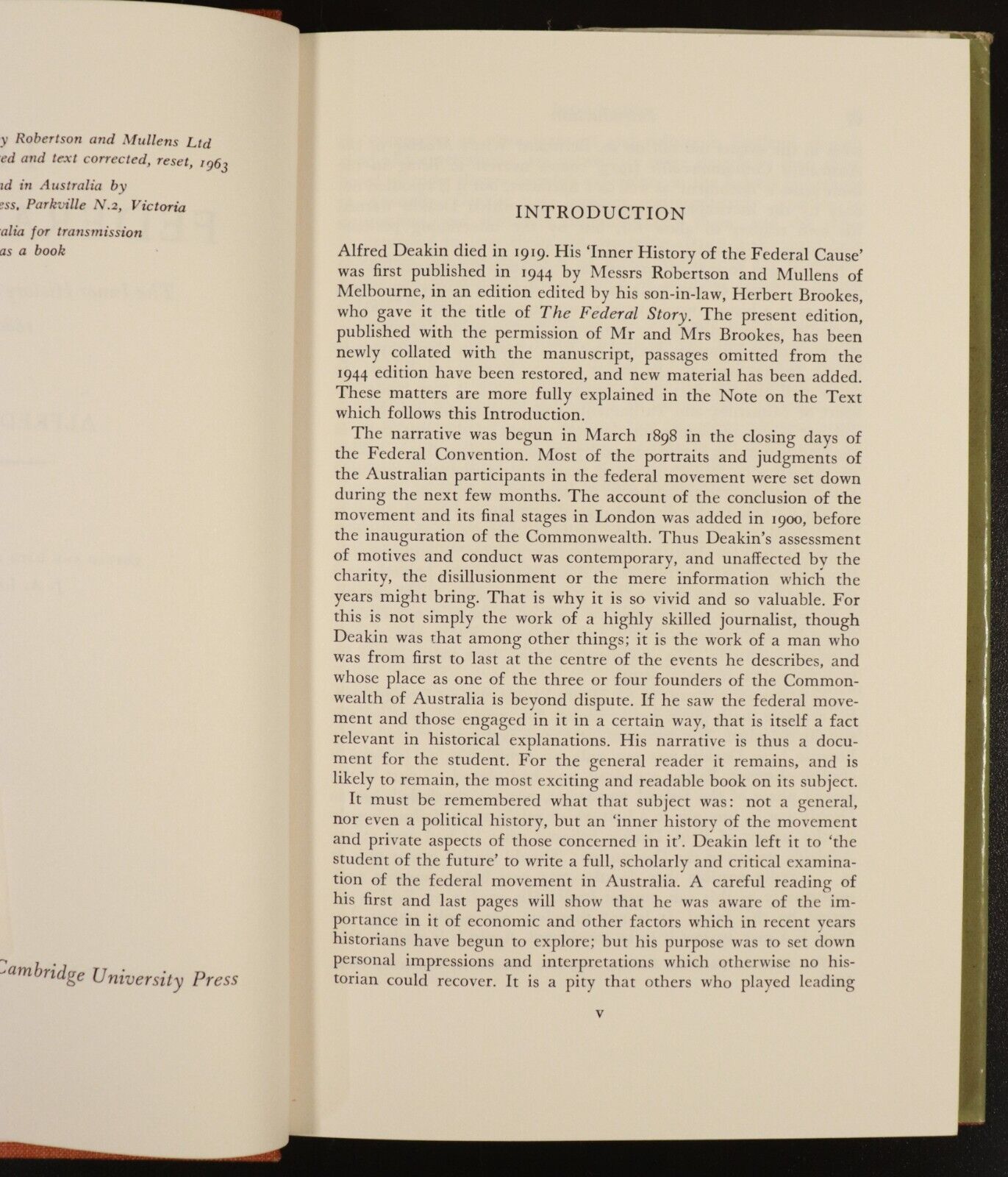 1963 The Federal Story by Alfred Deakin Australian Political History Book