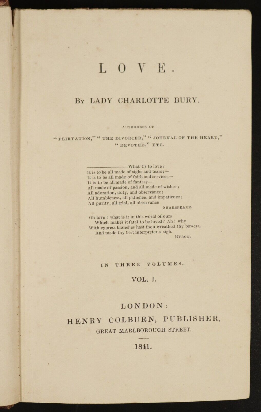 1841 3vol  "Love" by Lady Charlotte Bury Antiquarian British Fiction Book Set - 0