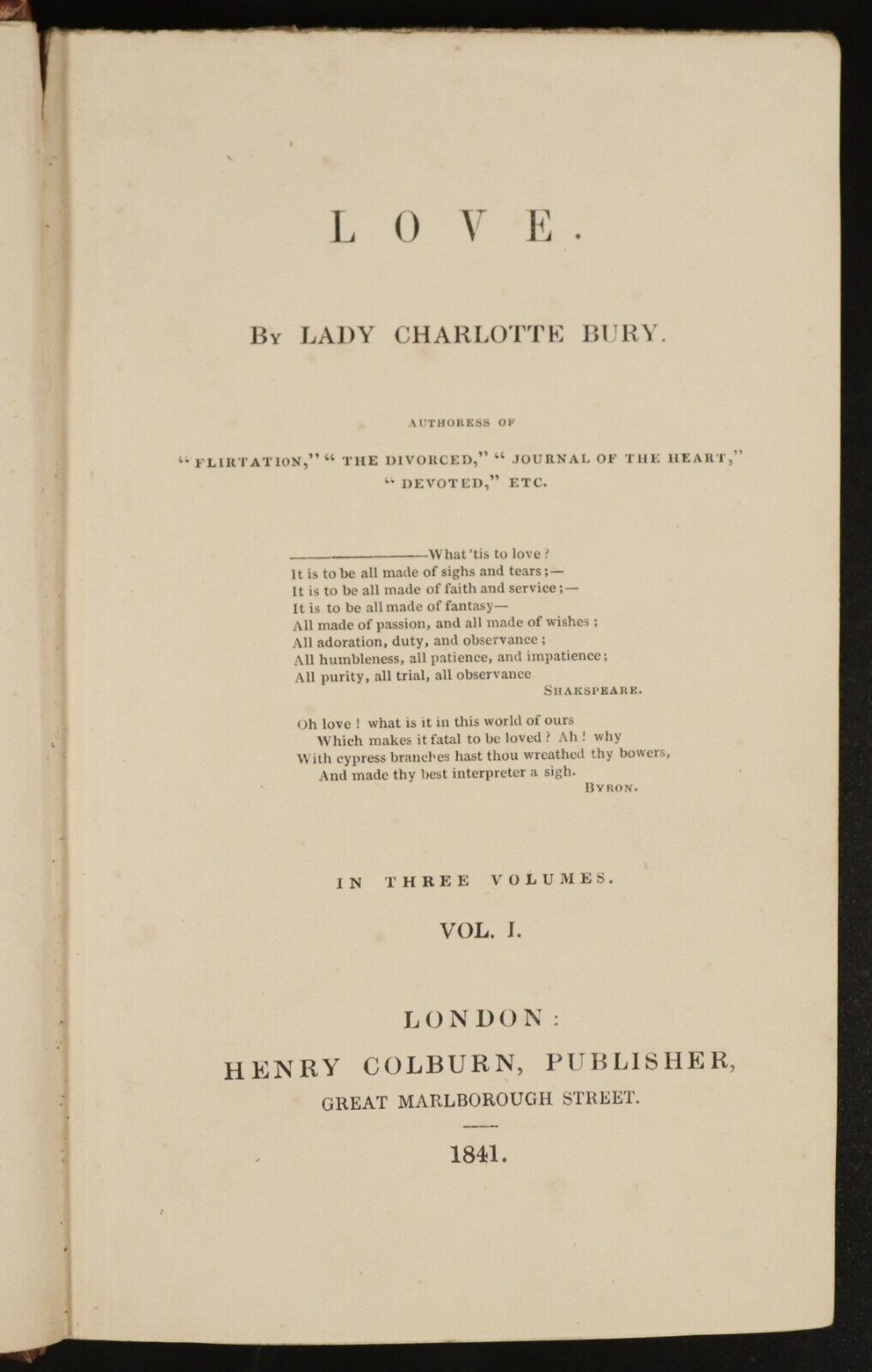 1841 3vol  "Love" by Lady Charlotte Bury Antiquarian British Fiction Book Set