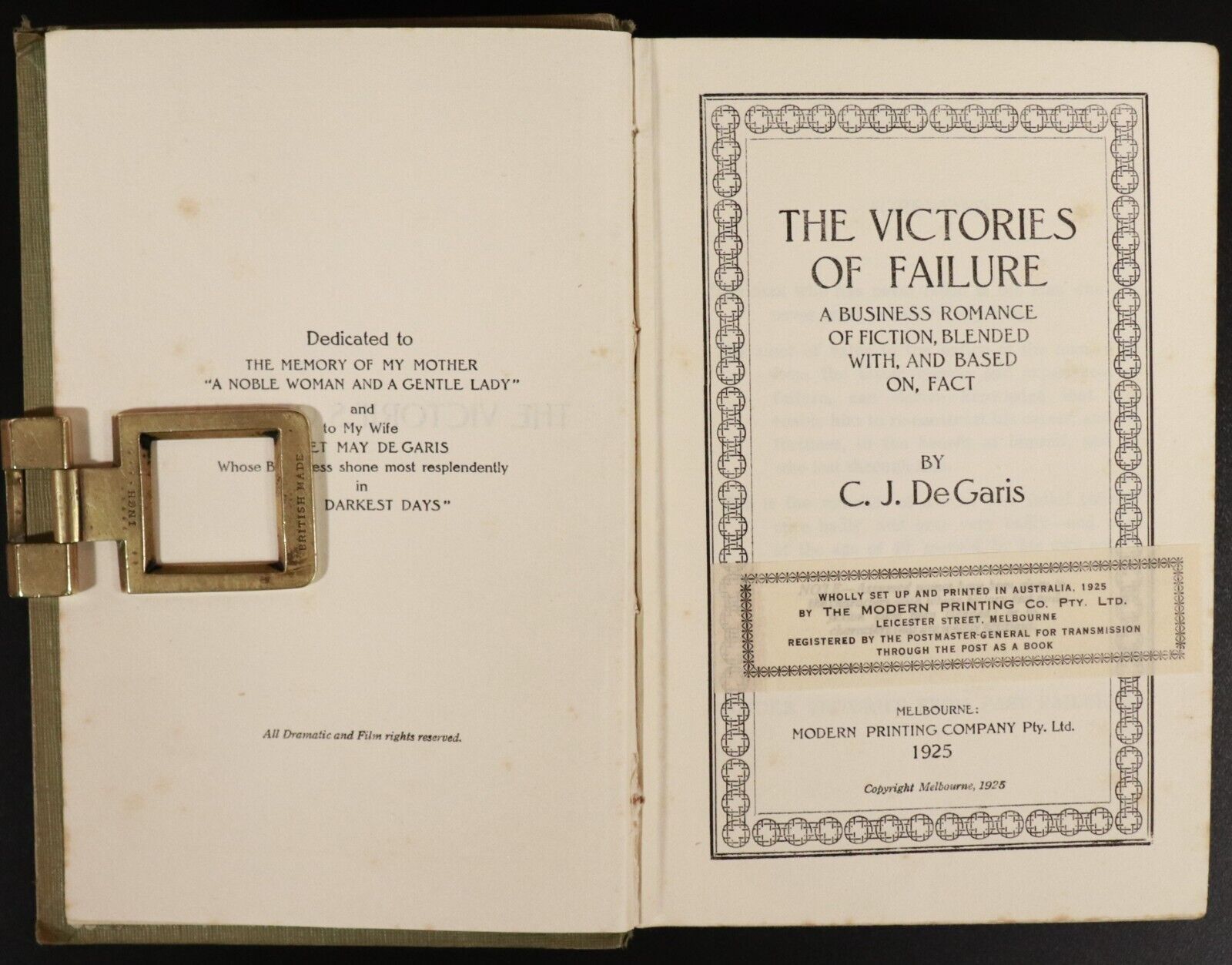 1925 The Victories Of Failure 1st Ed by C.J. De Garis Australian Fiction Book - 0