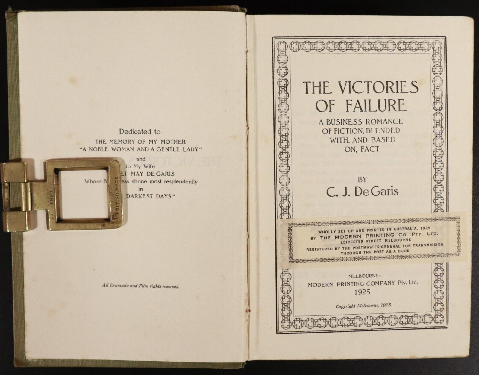 1925 The Victories Of Failure 1st Ed by C.J. De Garis Australian Fiction Book