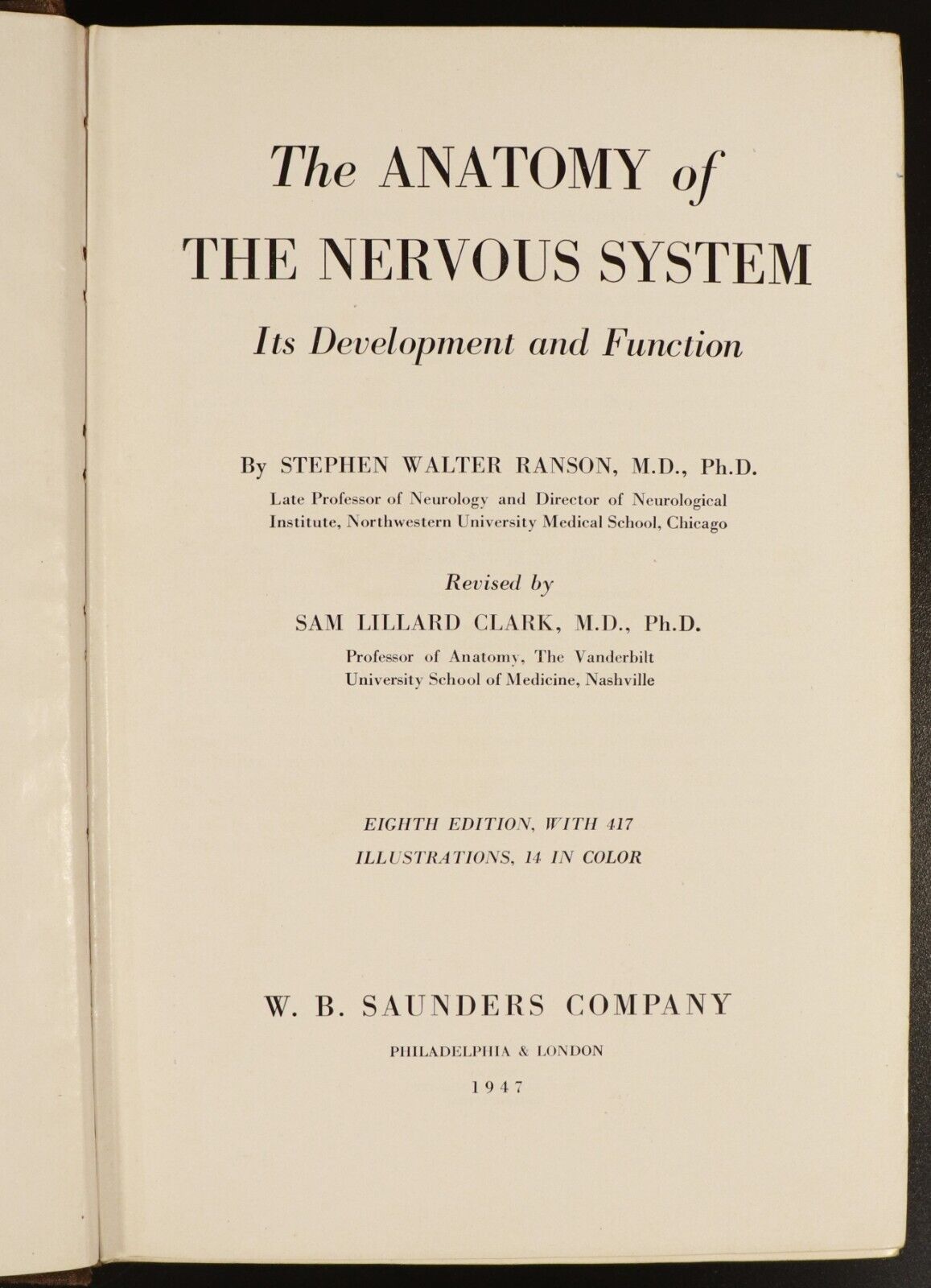 1947 Anatomy Of The Nervous System by S.W. Ranson Antique Medical Reference Book - 0