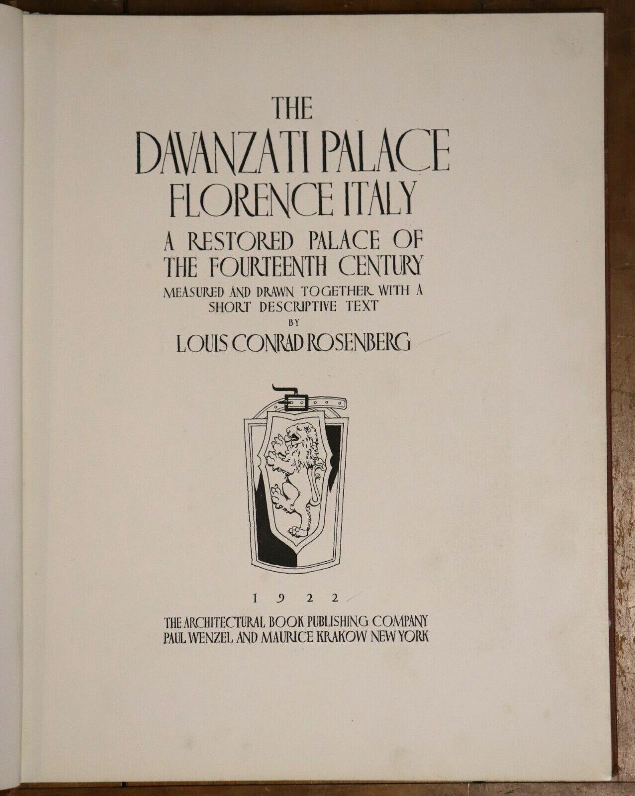 1922 The Davanzati Palace by L.C. Rosenberg Antique Architecture Reference Book - 0