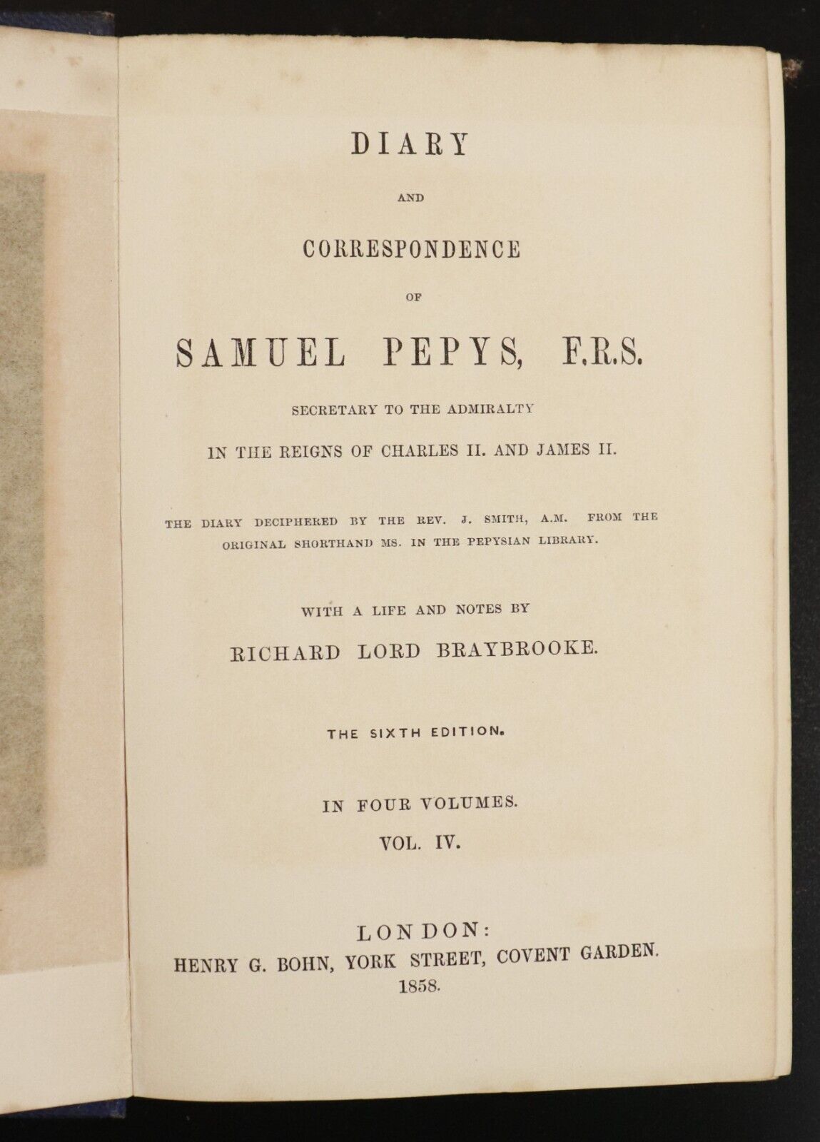 1858 4vol Diary & Correspondence Of Samuel Pepys Antiquarian History Book Set