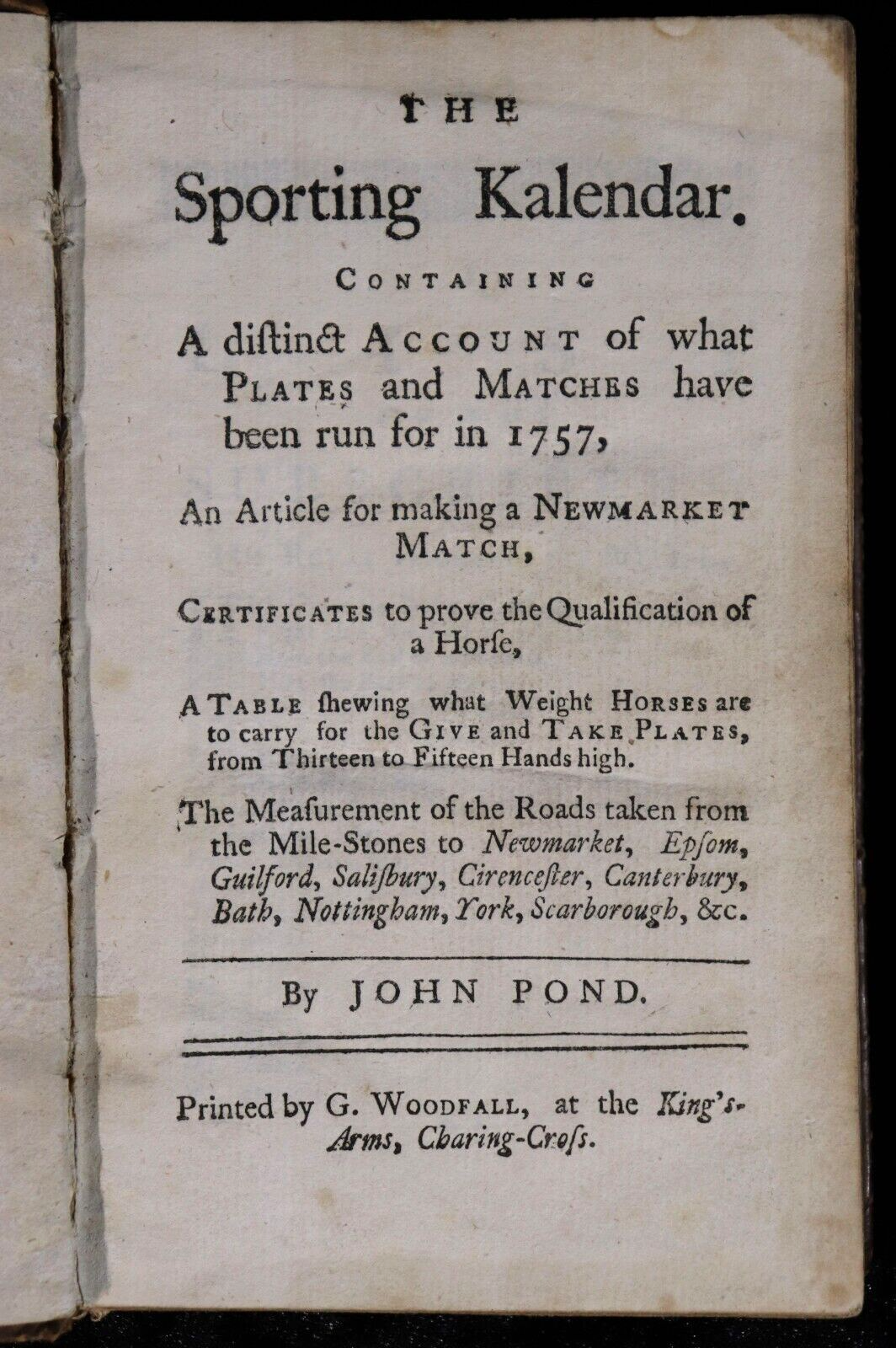 The Sporting Kalendar by John Pond - 1757 - Antiquarian Sport History Book - 0