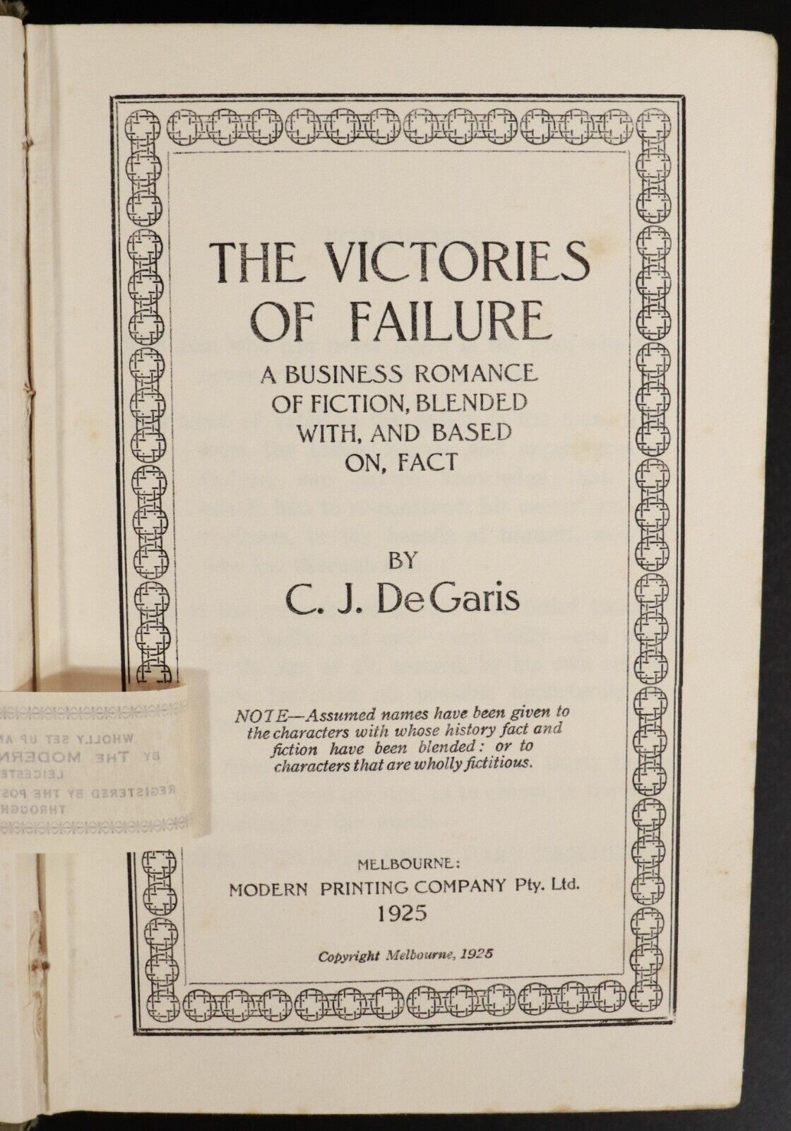 1925 The Victories Of Failure 1st Ed by C.J. De Garis Australian Fiction Book