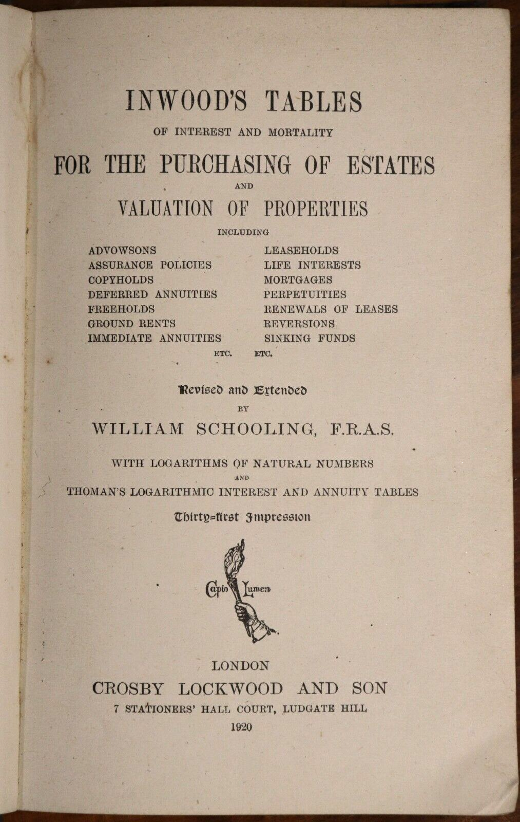 Inwood's Tables For Estates & Properties - 1920 - Antique Finance Book - 0