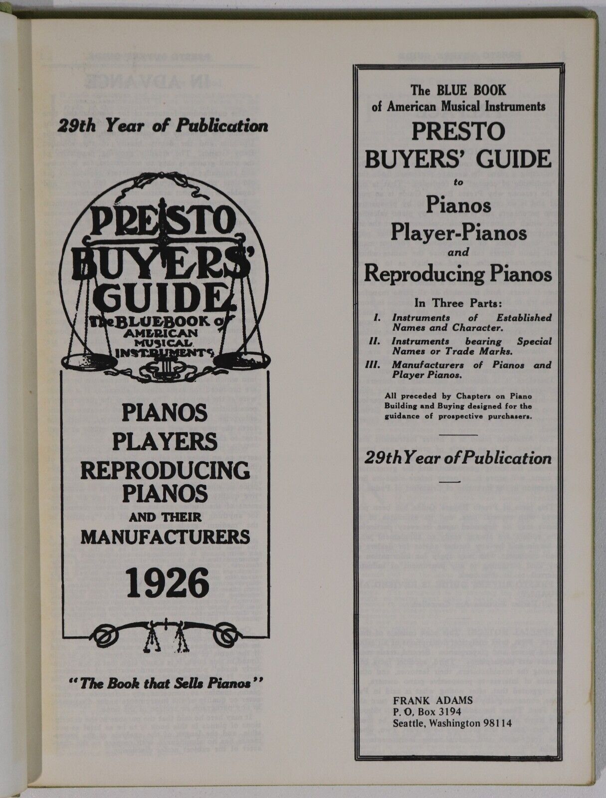Presto Buyers Guide - Reproducing Piano - 1926 - Antique Music Reference Book - 0
