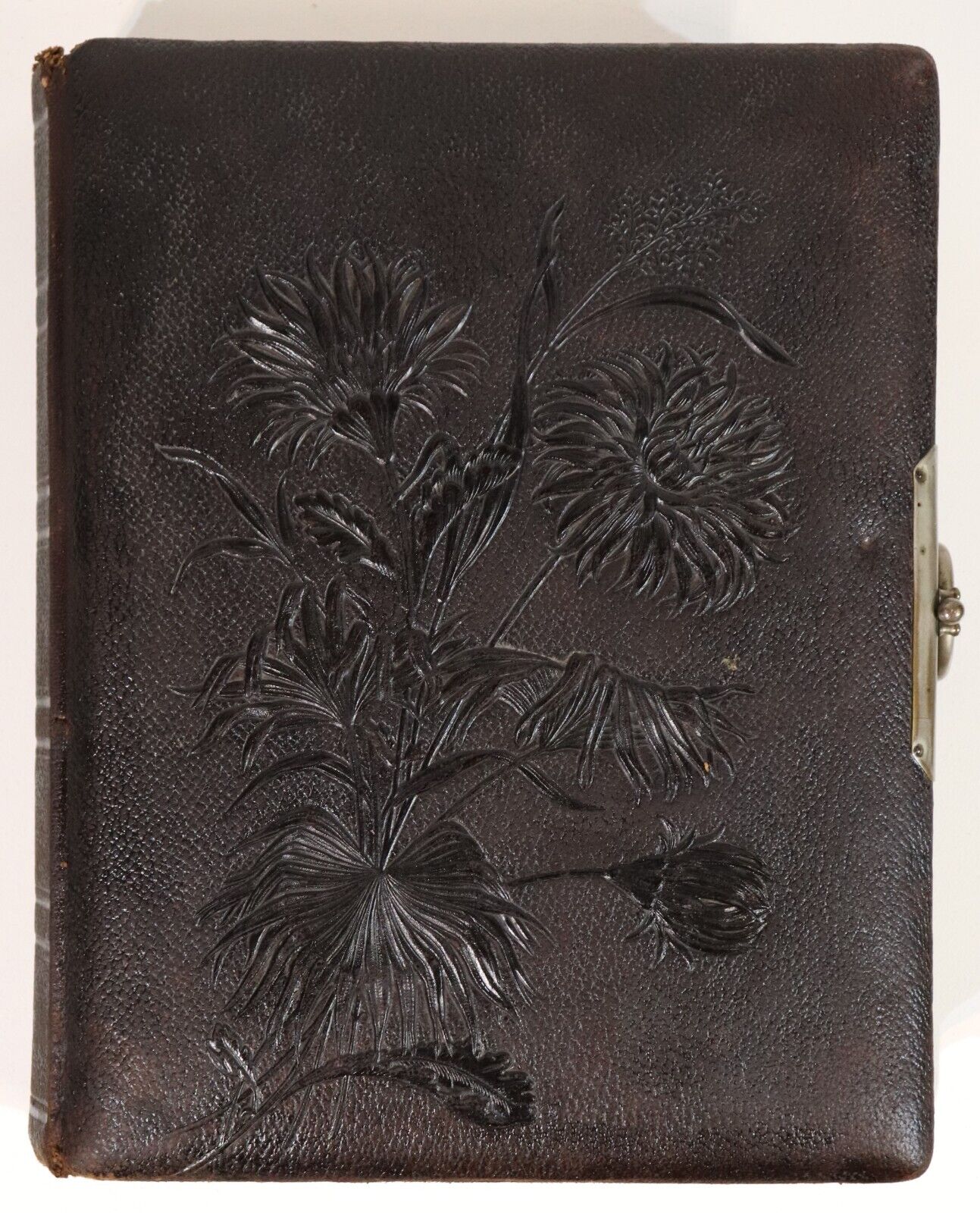 Antique Victorian Photo Album - c1895 - Leather With Silver Clasp & Floral