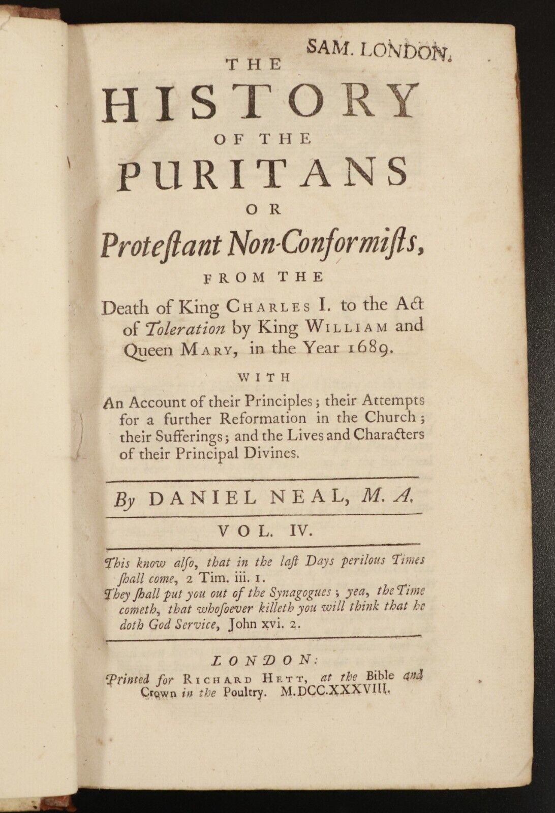 1732 4vol History Of The Puritans by Daniel Neal Antiquarian History Book Set