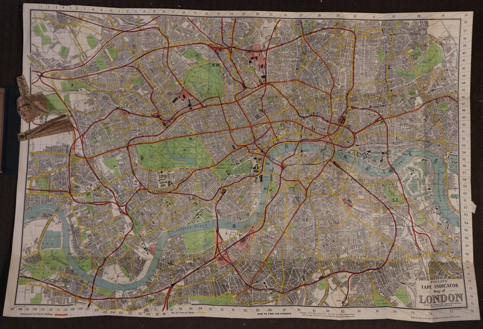 Philip's Tape Indicator Map Of London - c1910 - Antique British Map w/Tape Book