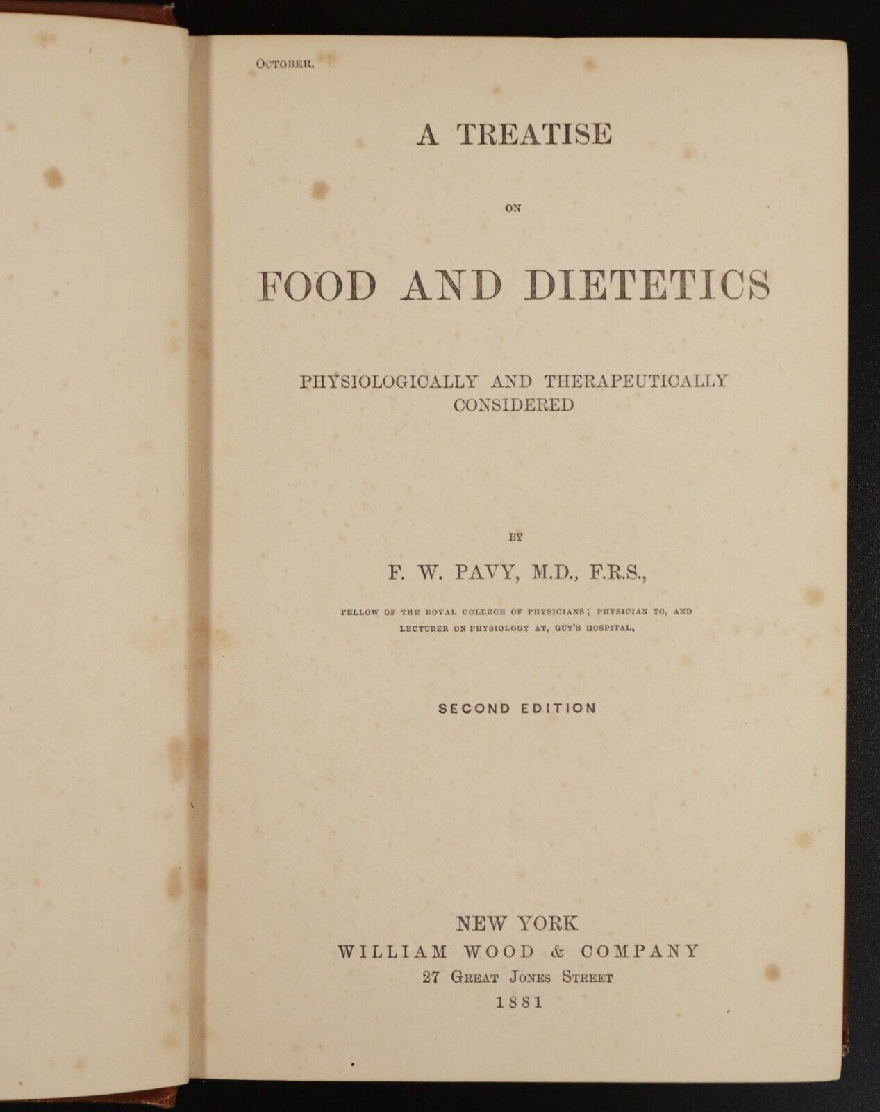 1881 A Treatise On Food & Dietetics by F.W. Pavy Antique Medical Health Book - 0