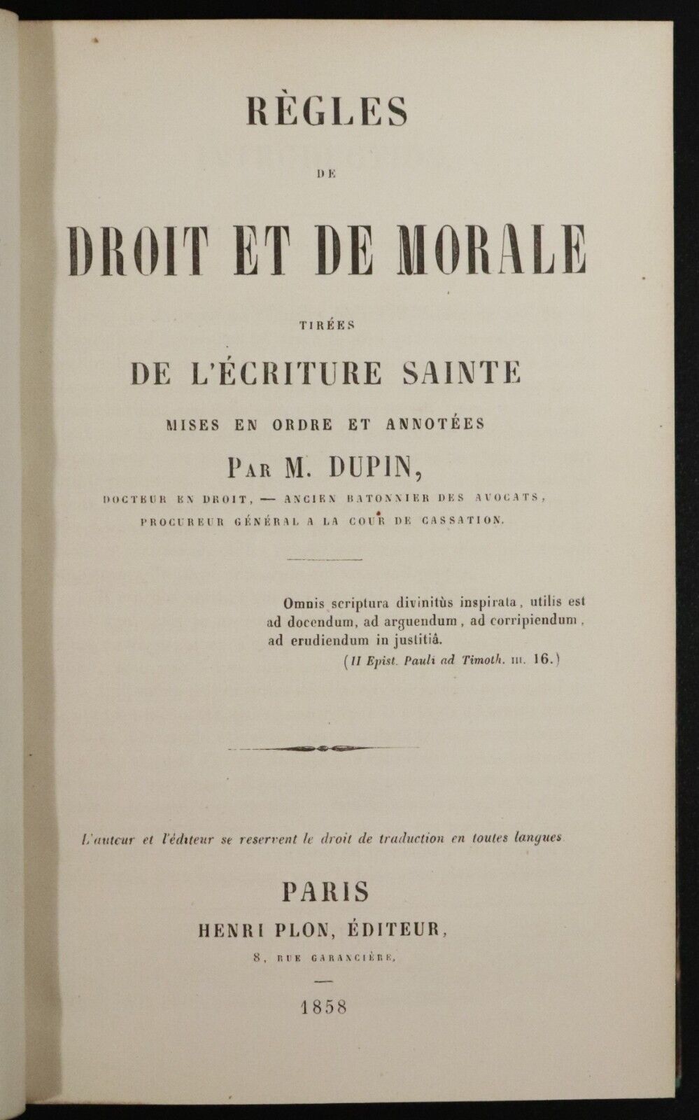 1858 Règles de Droit et de Morale by M. Dupin Antiquarian French Theology Book