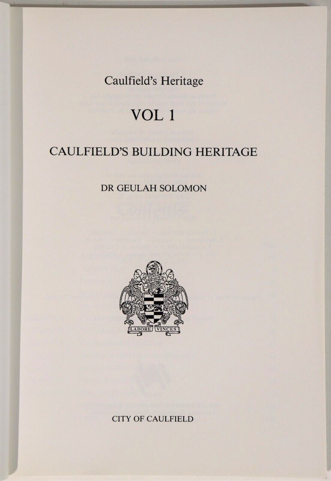 Caulfield's Heritage by Dr G Solomon - 1989 - 4 Vol. Australian History Book Set - 0