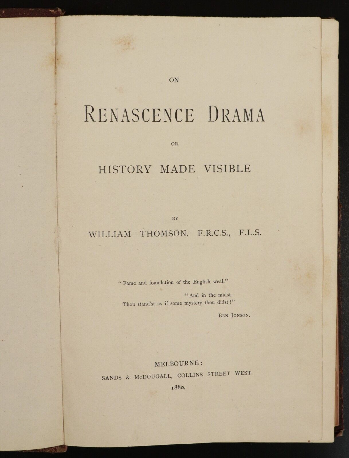 1880 On Renascence Drama Or History Made Visible Antiquarian Literature Book - 0